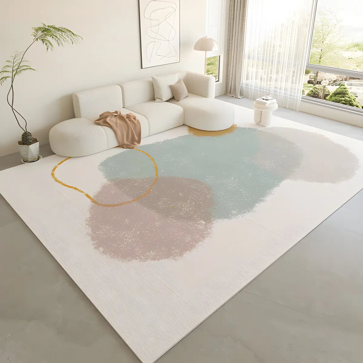 Nordic Color Block Polyester Beige Non-Slip Area Rug Image - 1