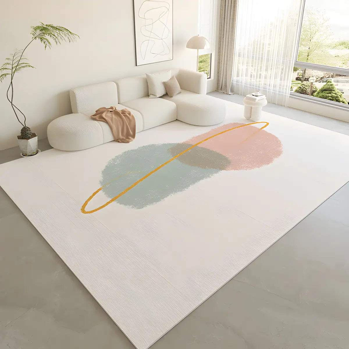 Nordic Color Block Polyester Beige Non-Slip Area Rug Image - 18