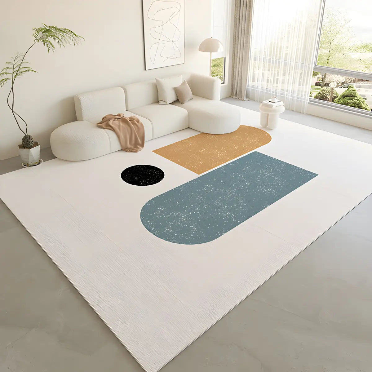 Nordic Color Block Polyester Beige Non-Slip Area Rug Image - 2