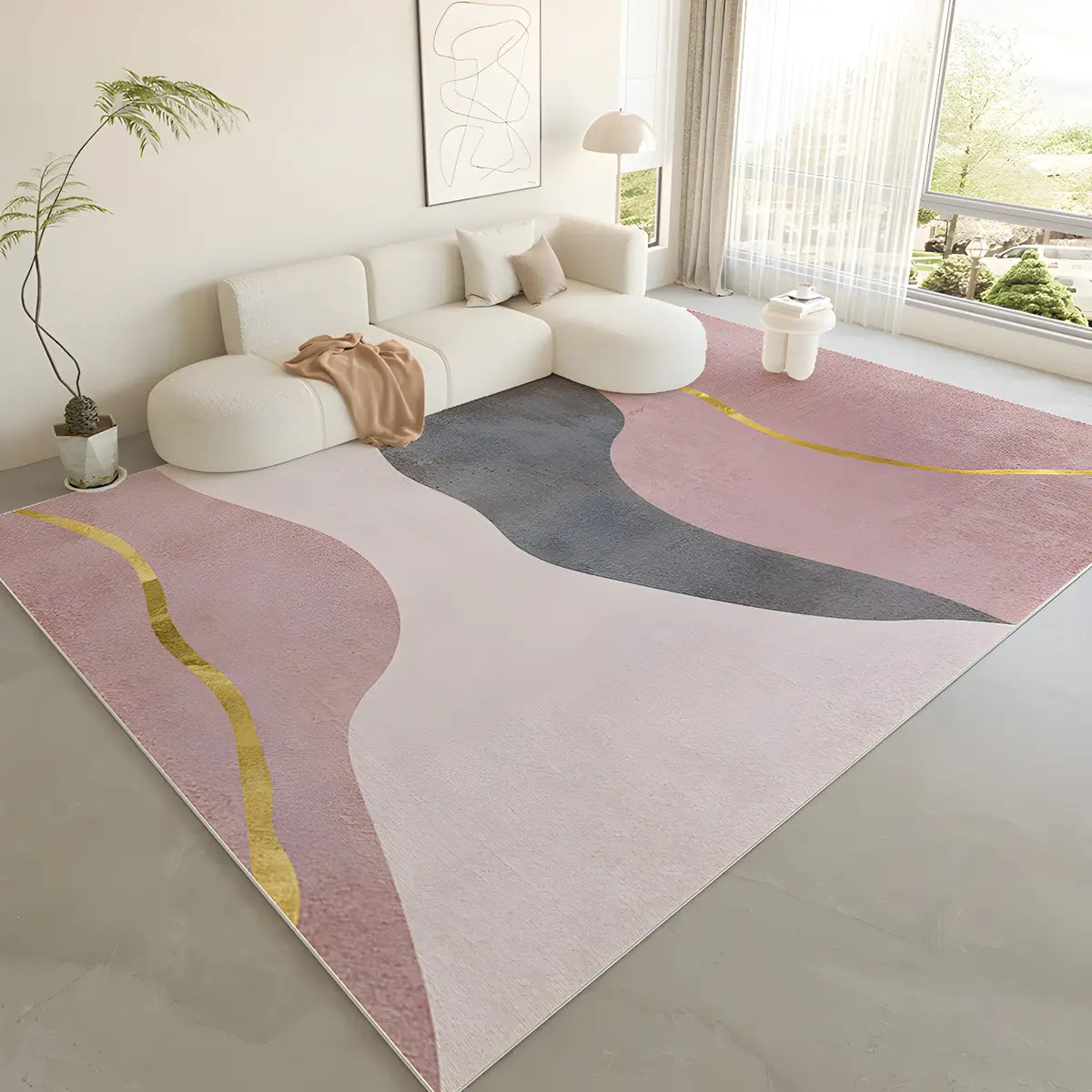 Nordic Color Block Polyester Beige Non-Slip Area Rug Image - 23