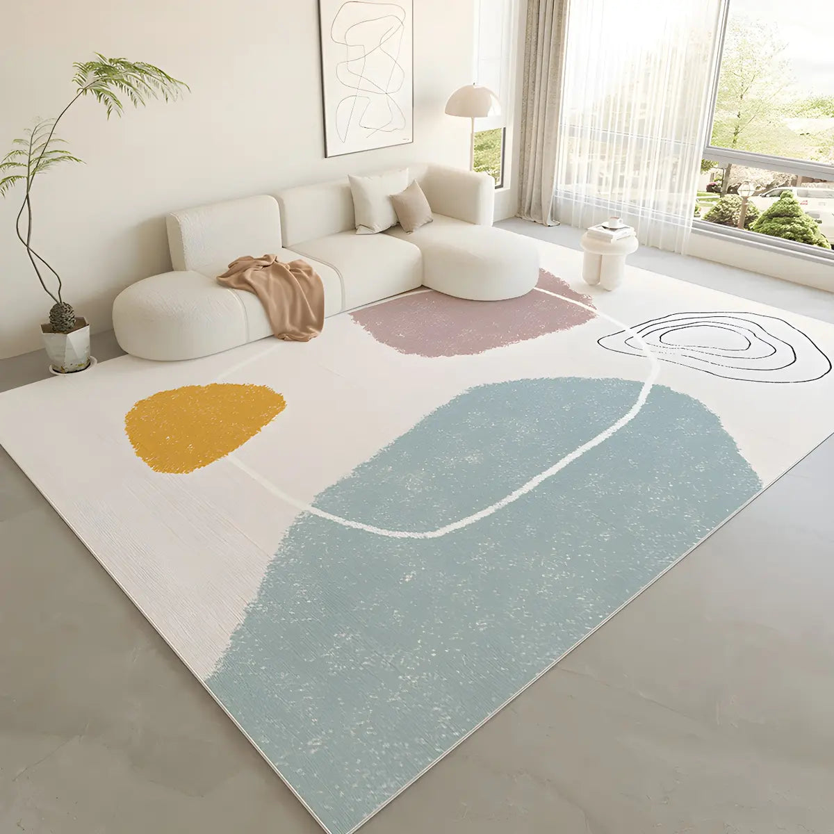 Nordic Color Block Polyester Beige Non-Slip Area Rug Image - 24