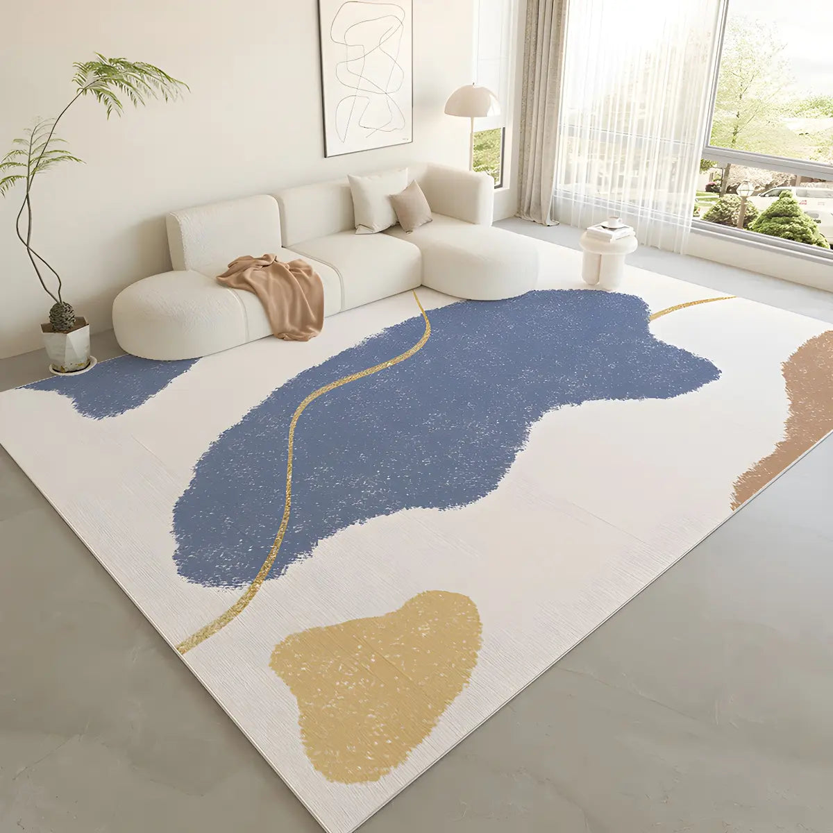 Nordic Color Block Polyester Beige Non-Slip Area Rug Image - 25