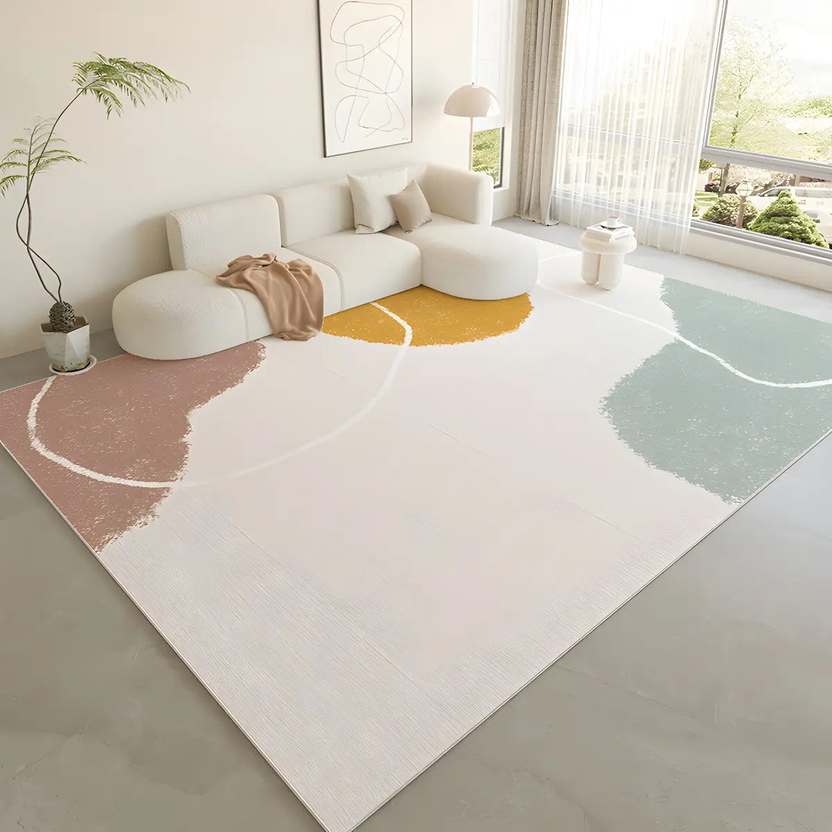 Nordic Color Block Polyester Beige Non-Slip Area Rug Image - 28