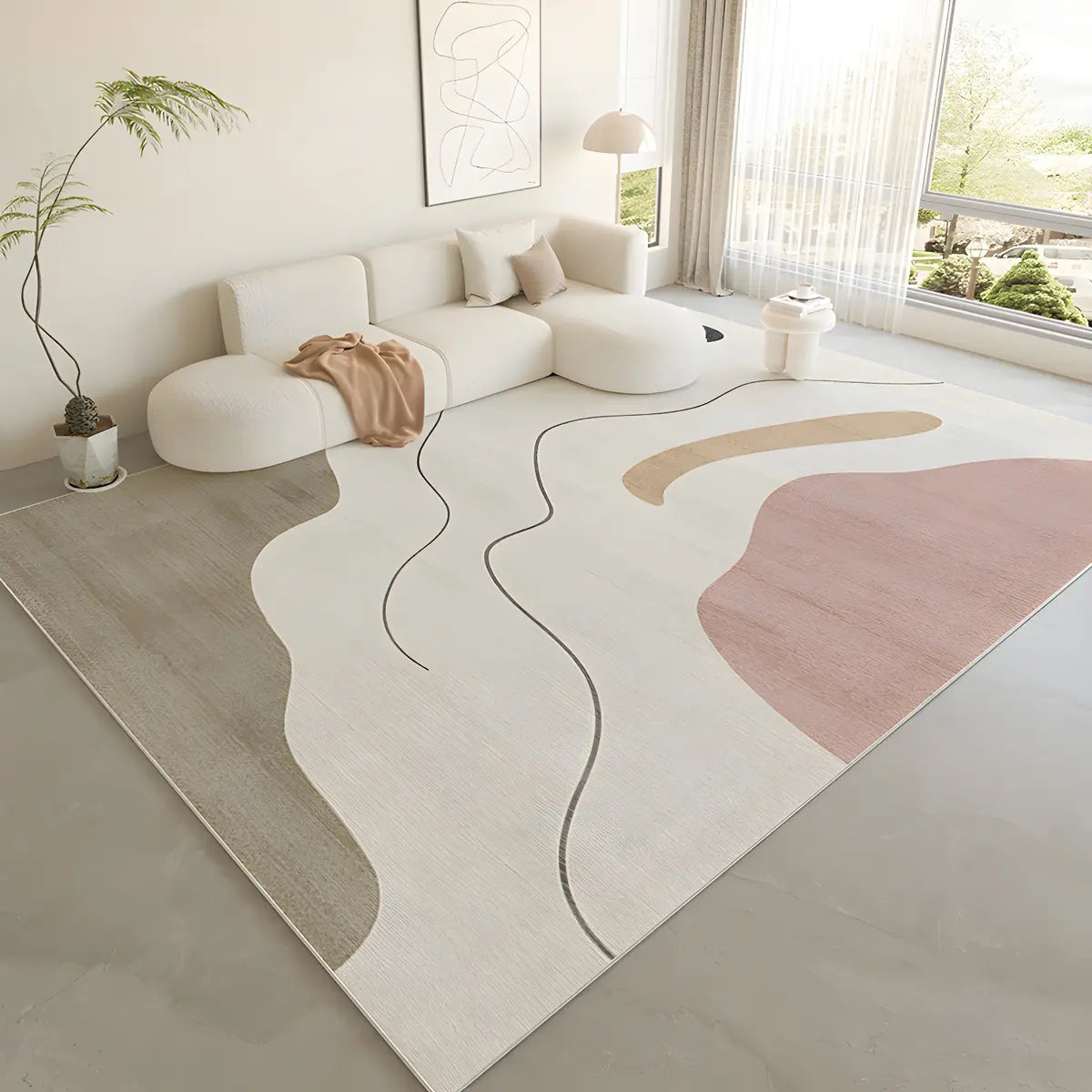 Nordic Color Block Polyester Beige Non-Slip Area Rug Image - 29