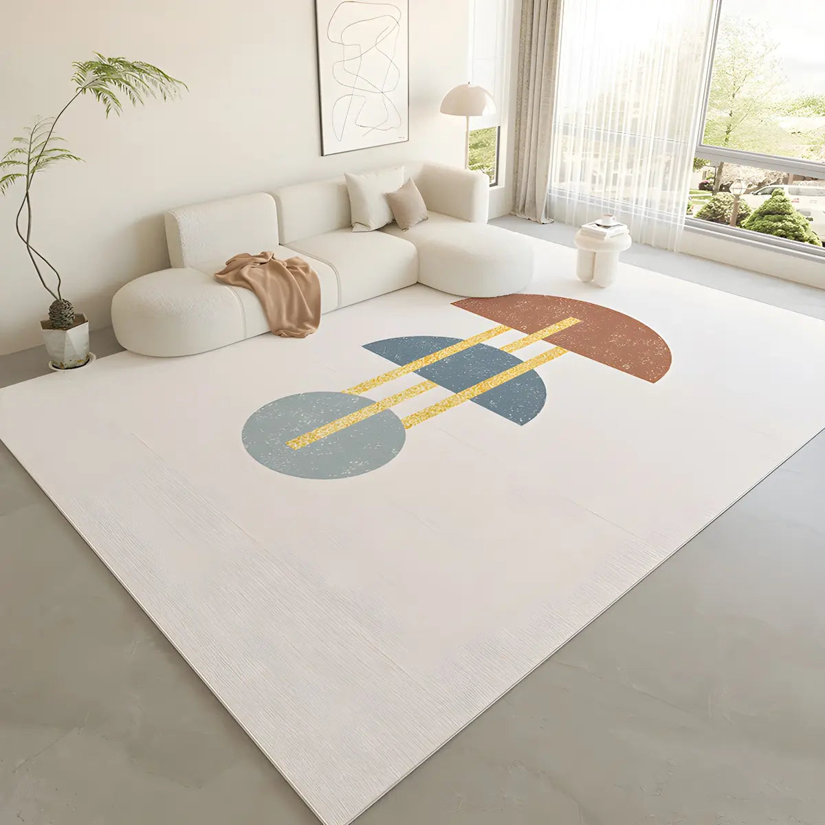 Nordic Color Block Polyester Beige Non-Slip Area Rug Image - 3