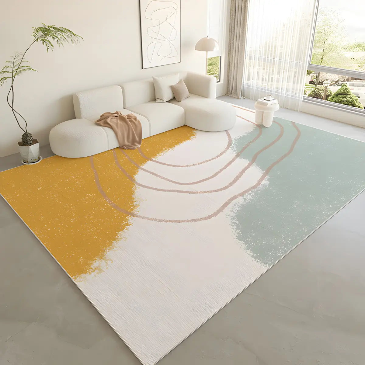 Nordic Color Block Polyester Beige Non-Slip Area Rug Image - 6