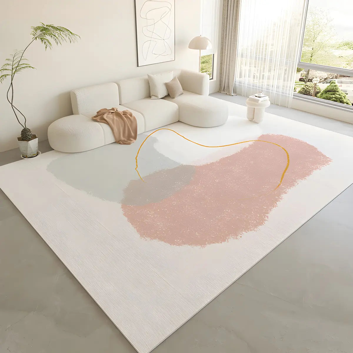 Nordic Color Block Polyester Beige Non-Slip Area Rug Image - 8