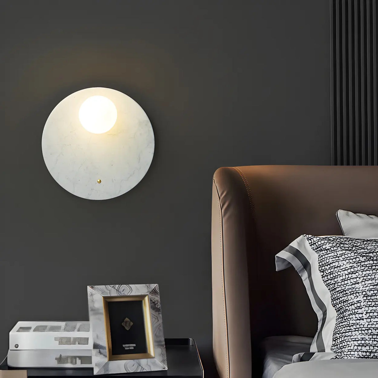 Nordic Elegant Oval White Marble Mini Bedroom Wall Sconce Image - 6