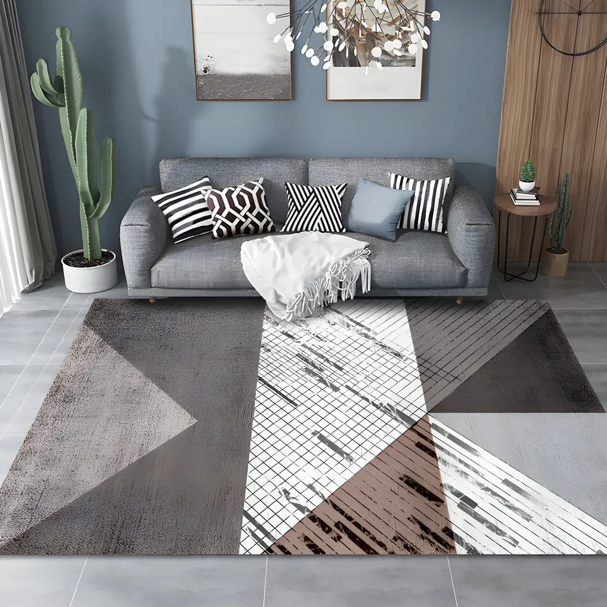 Nordic Geometric Rectangle Polyester Grey Area Rug Image - 1