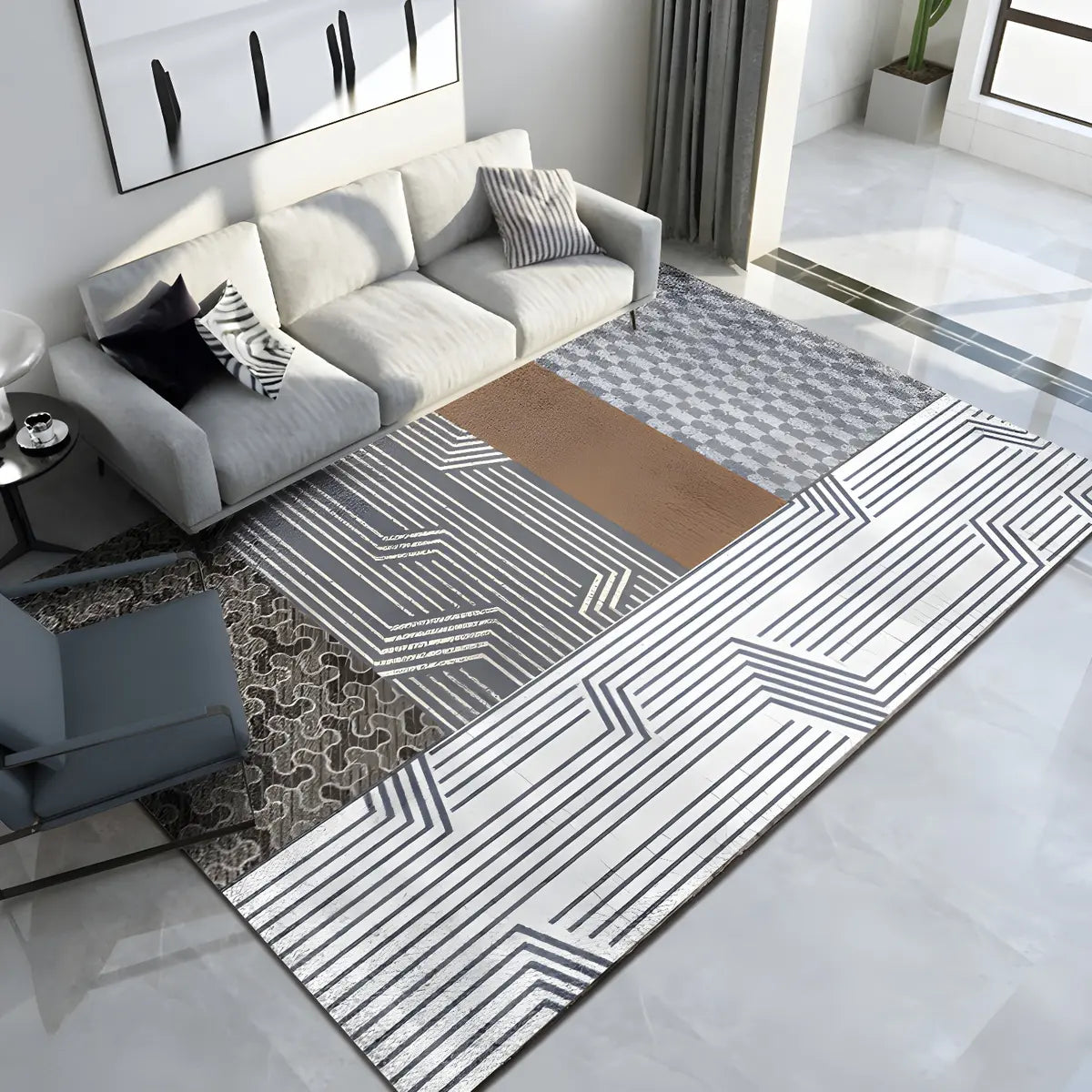 Nordic Geometric Rectangle Polyester Grey Area Rug Image - 4