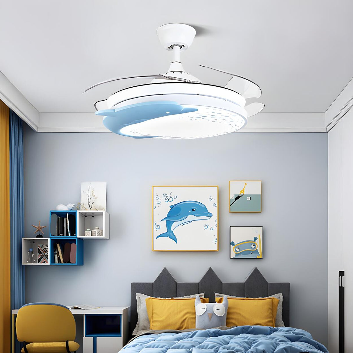 Nordic Kids Room Dolphin LED Ceiling Fan with Light Image - 3