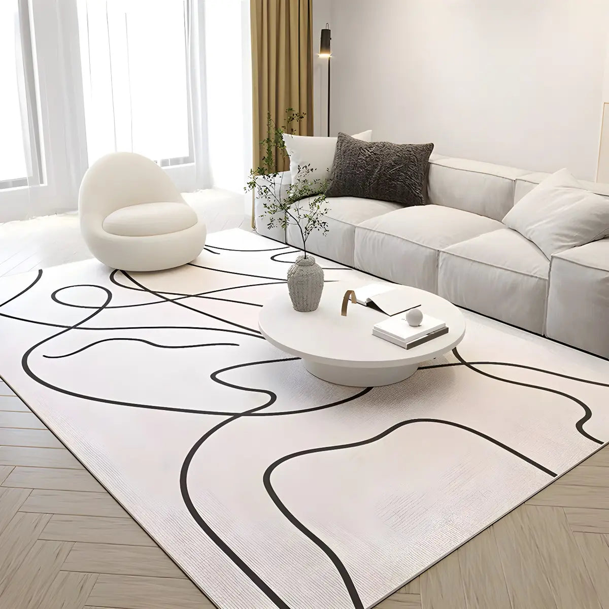 Nordic Line Rectangle Wool White Non-Slip Area Rug Image - 1