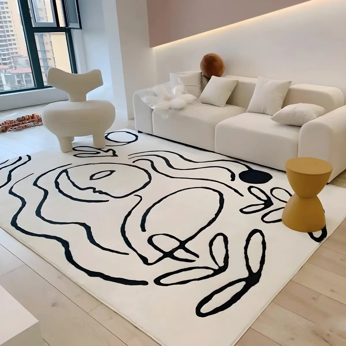 Nordic Line Rectangle Wool White Non-Slip Area Rug Image - 12