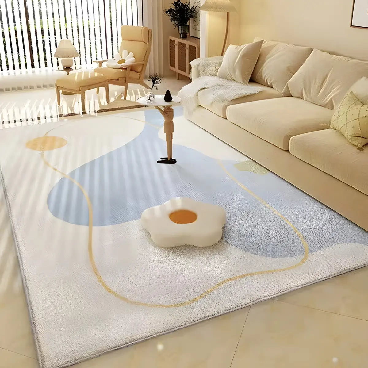 Nordic Line Rectangle Wool White Non-Slip Area Rug Image - 13