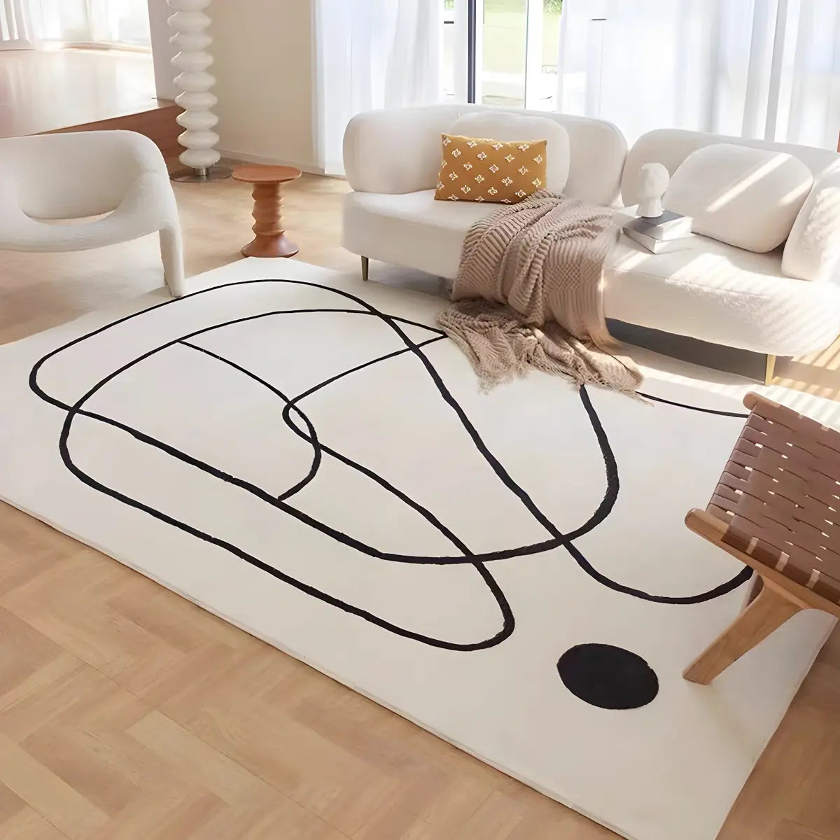 Nordic Line Rectangle Wool White Non-Slip Area Rug Image - 2