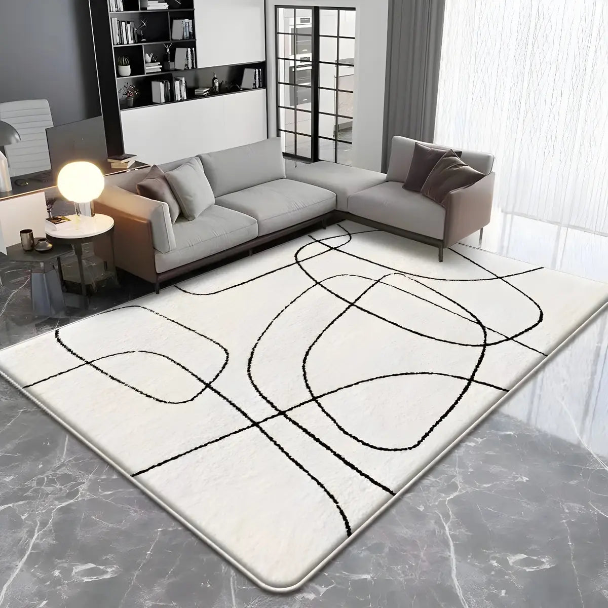Nordic Line Rectangle Wool White Non-Slip Area Rug Image - 3