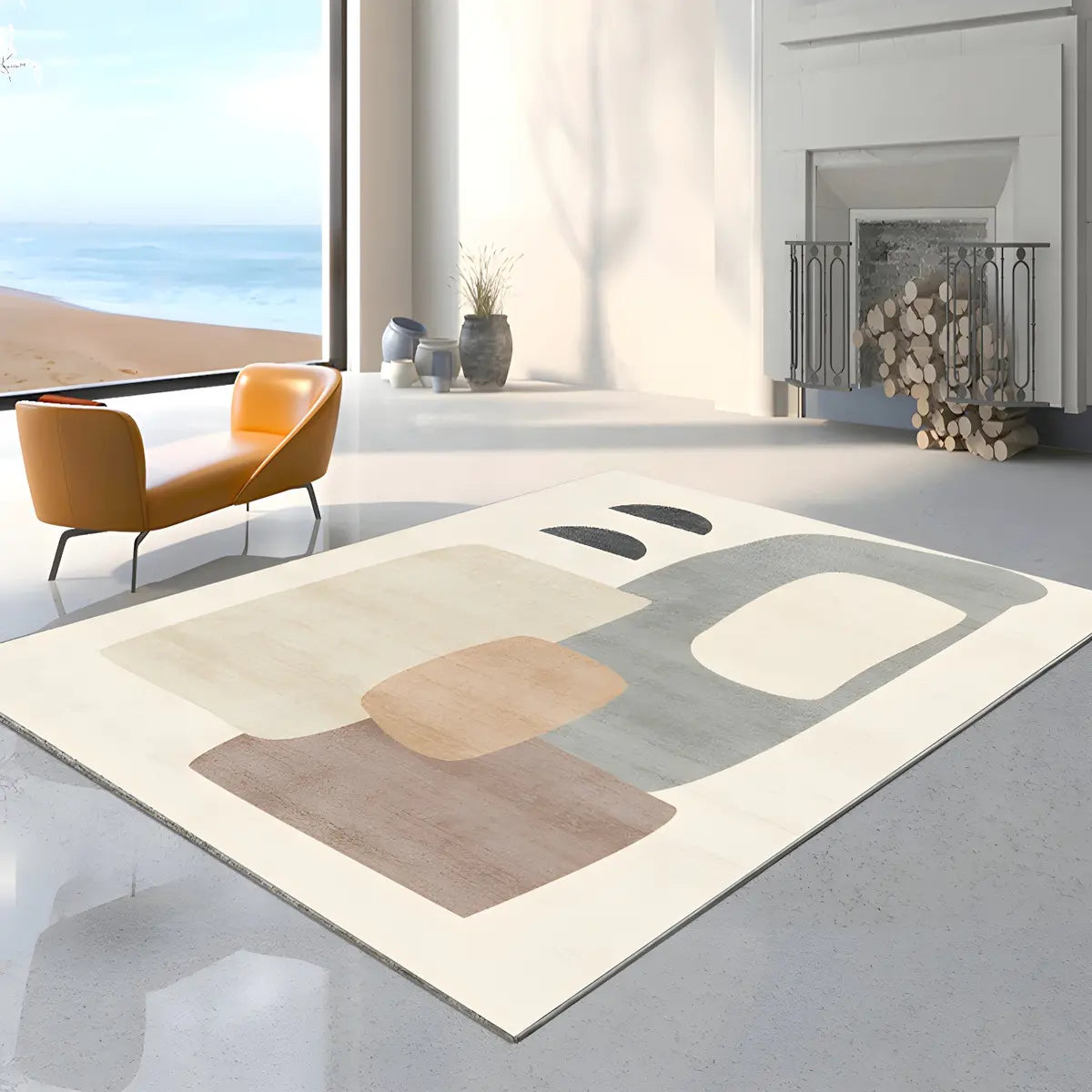 Nordic Modern Abstract Polyester Beige Area Rug Image - 1