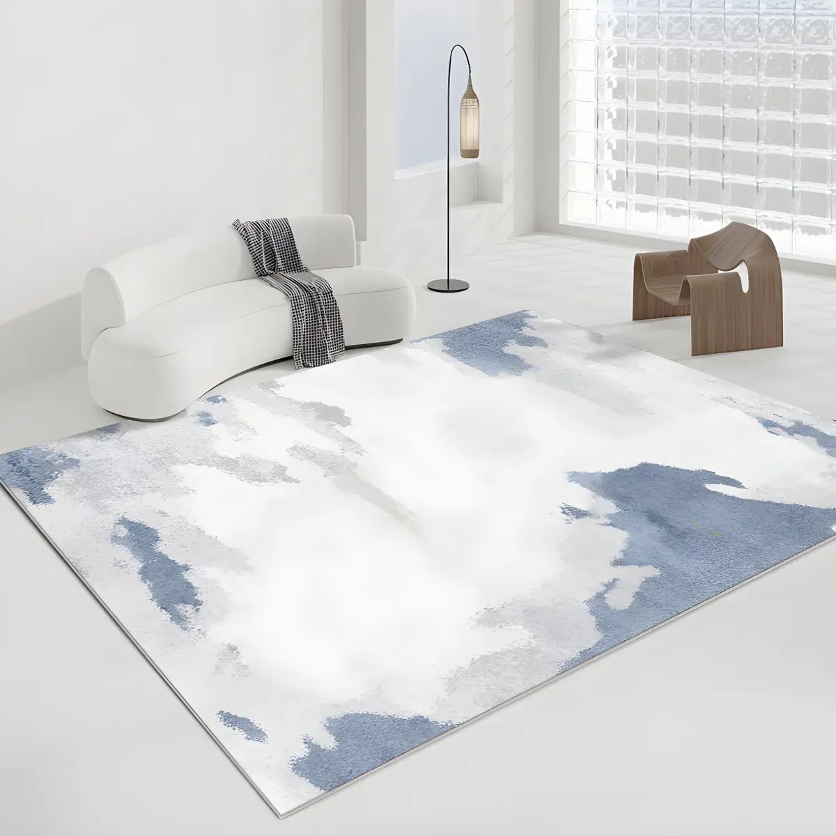 Nordic Rectangle Watercolor Soft Fabric Blue Area Rug Image - 13