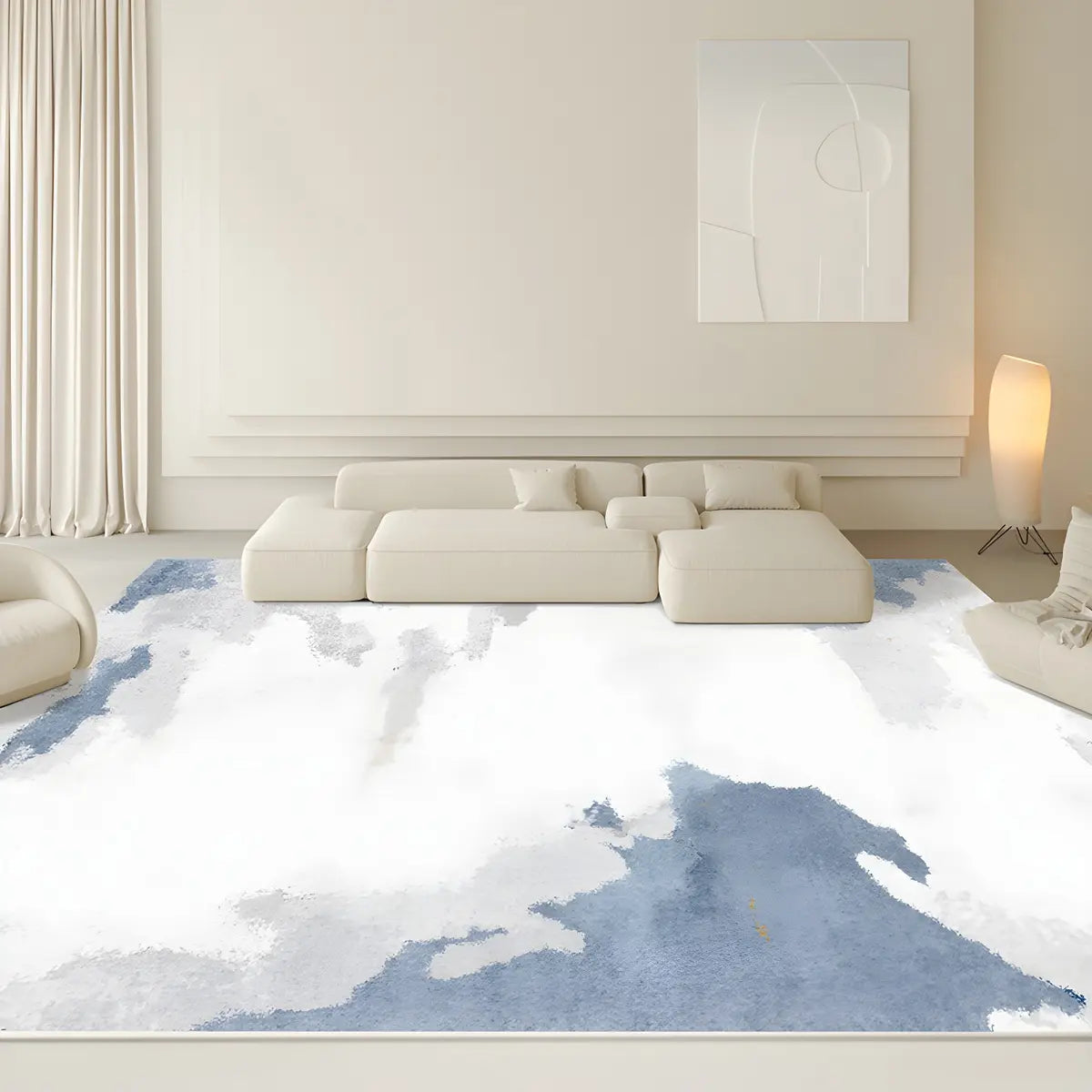 Nordic Rectangle Watercolor Soft Fabric Blue Area Rug Image - 4