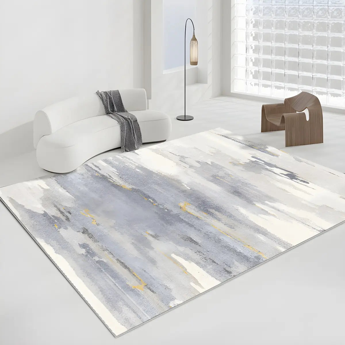 Nordic Rectangle Watercolor Soft Fabric Blue Area Rug Image - 8