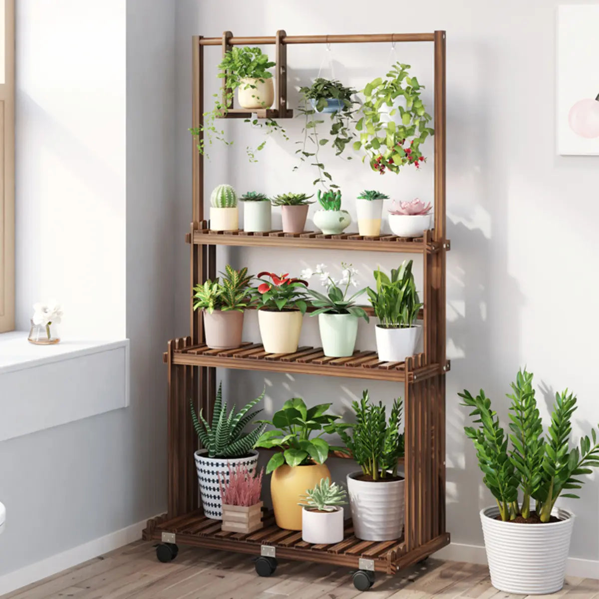 Nordic Rectangle Wood Rolling Floor Plant Stand Brown Image - 1