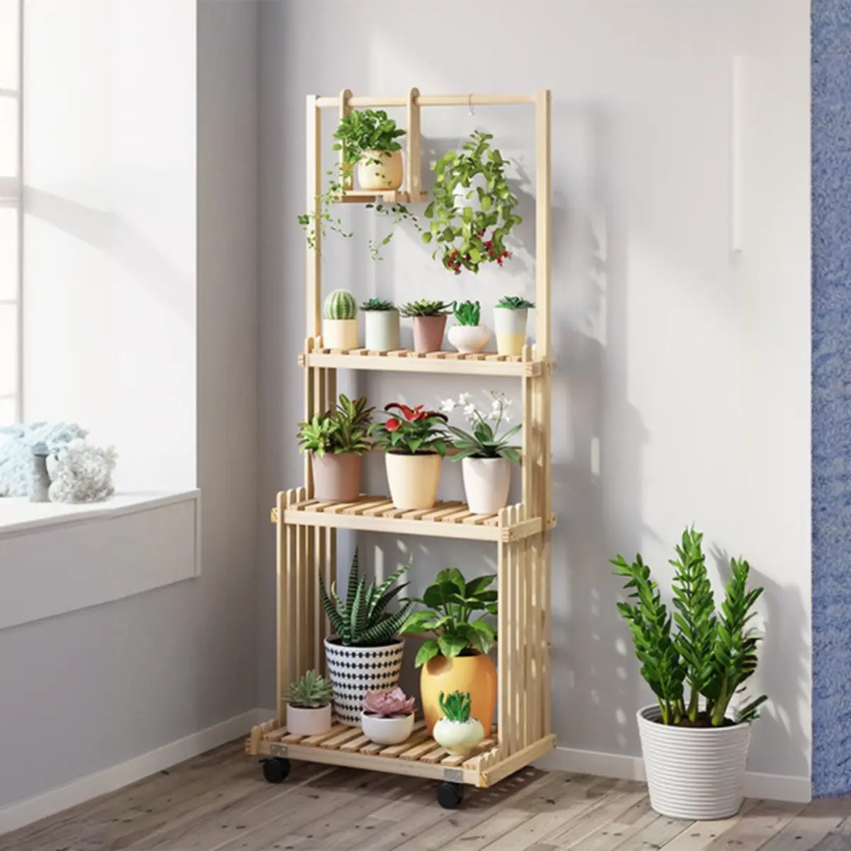 Nordic Rectangle Wood Rolling Floor Plant Stand Brown Image - 13