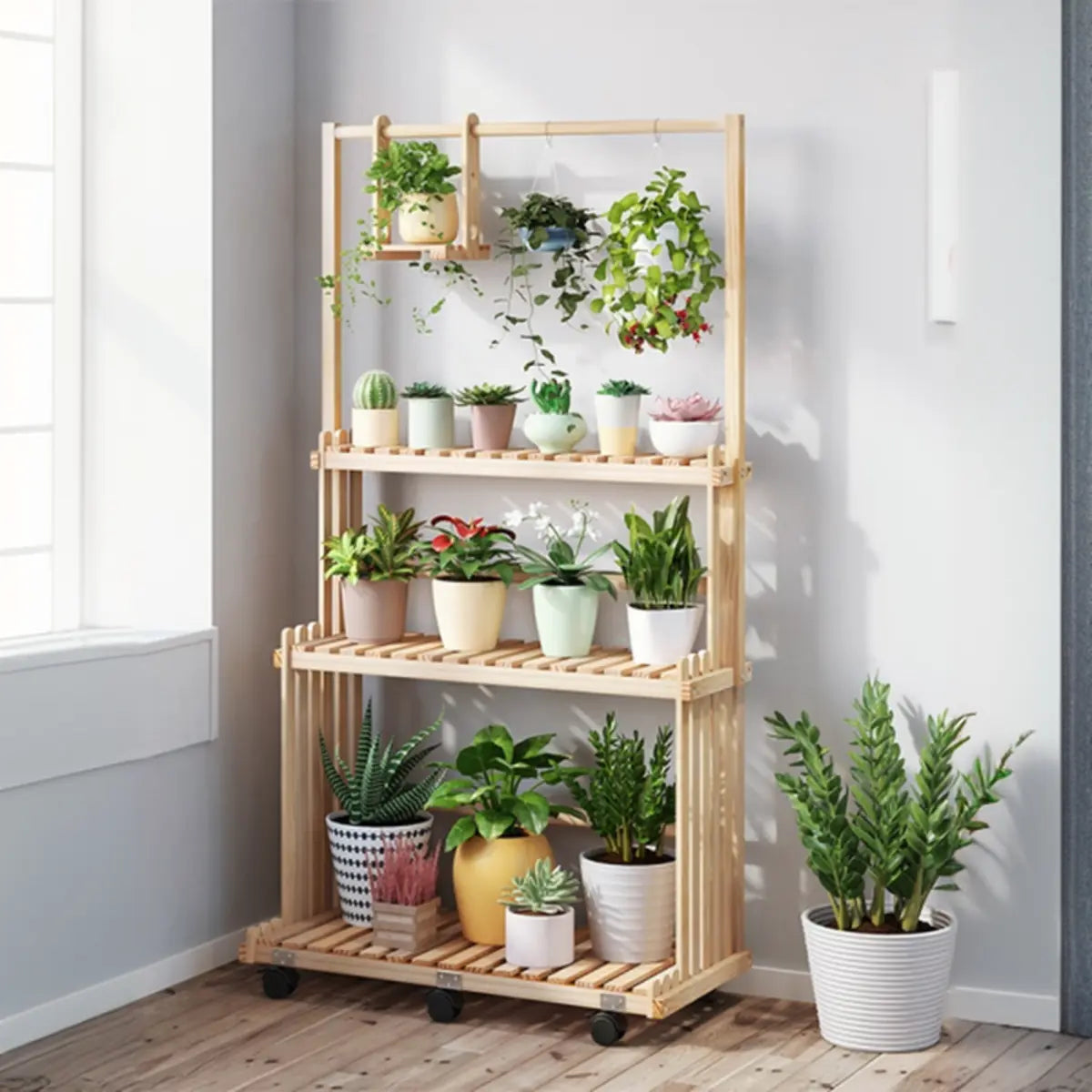 Nordic Rectangle Wood Rolling Floor Plant Stand Brown Image - 14