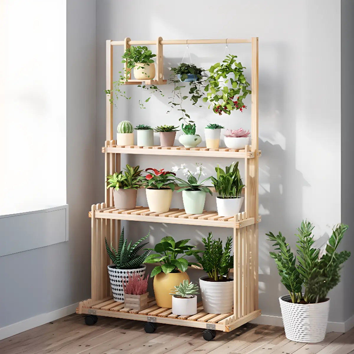 Nordic Rectangle Wood Rolling Floor Plant Stand Brown Image - 15