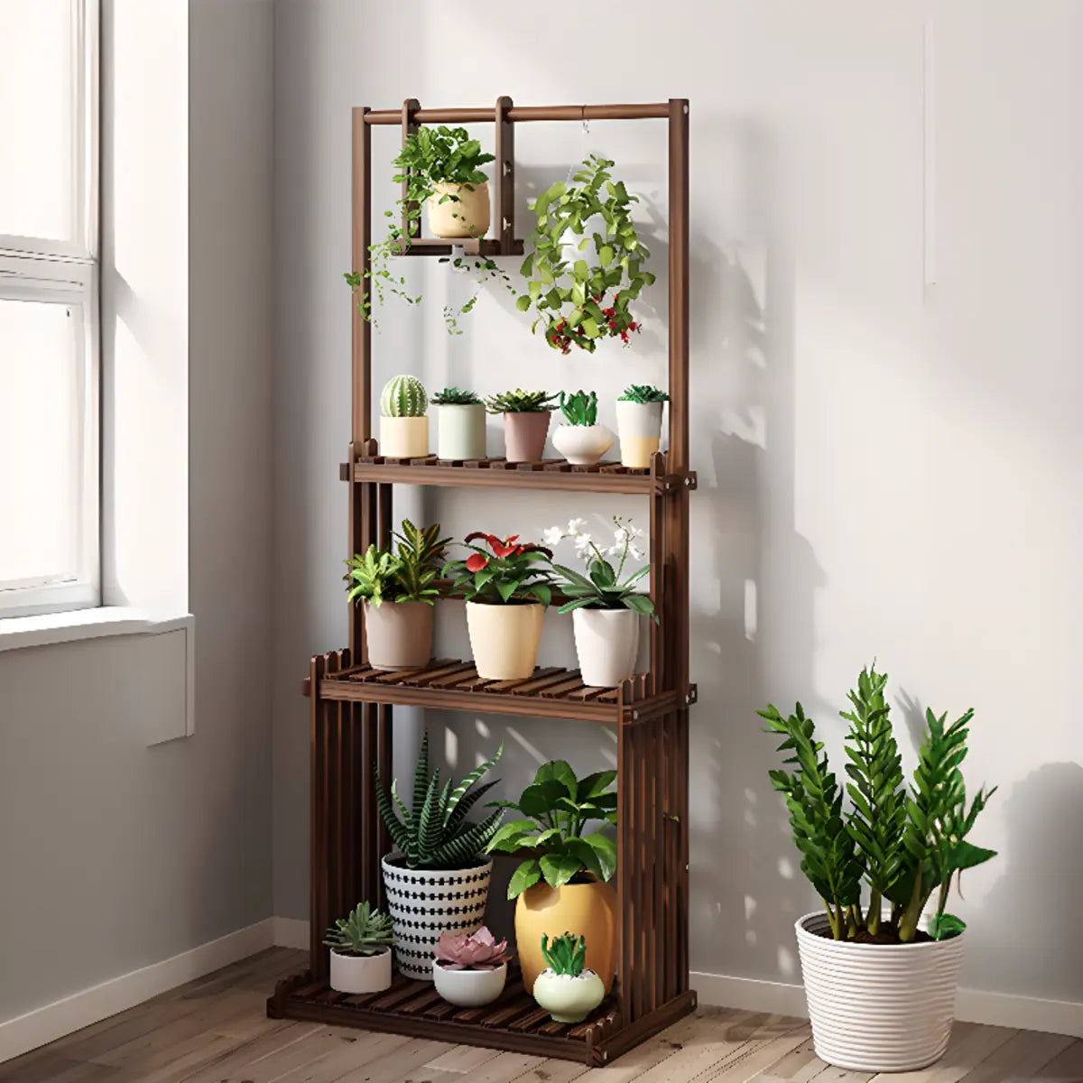 Nordic Rectangle Wood Rolling Floor Plant Stand Brown Image - 2