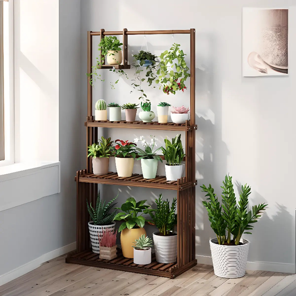Nordic Rectangle Wood Rolling Floor Plant Stand Brown Image - 3