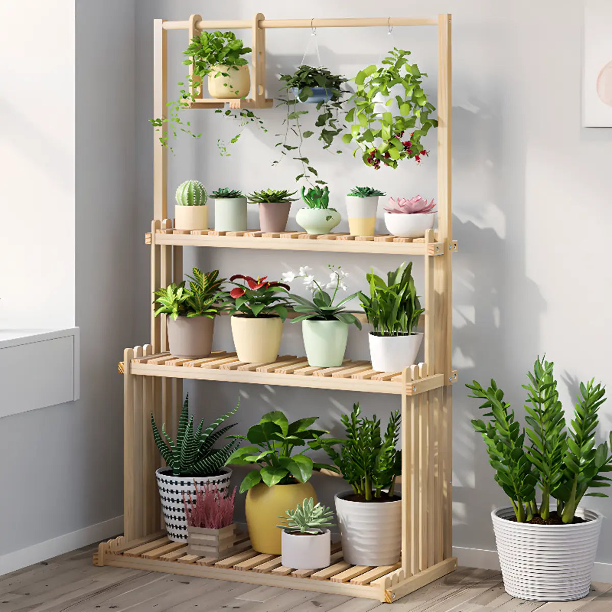 Nordic Rectangle Wood Rolling Floor Plant Stand Brown Image - 4