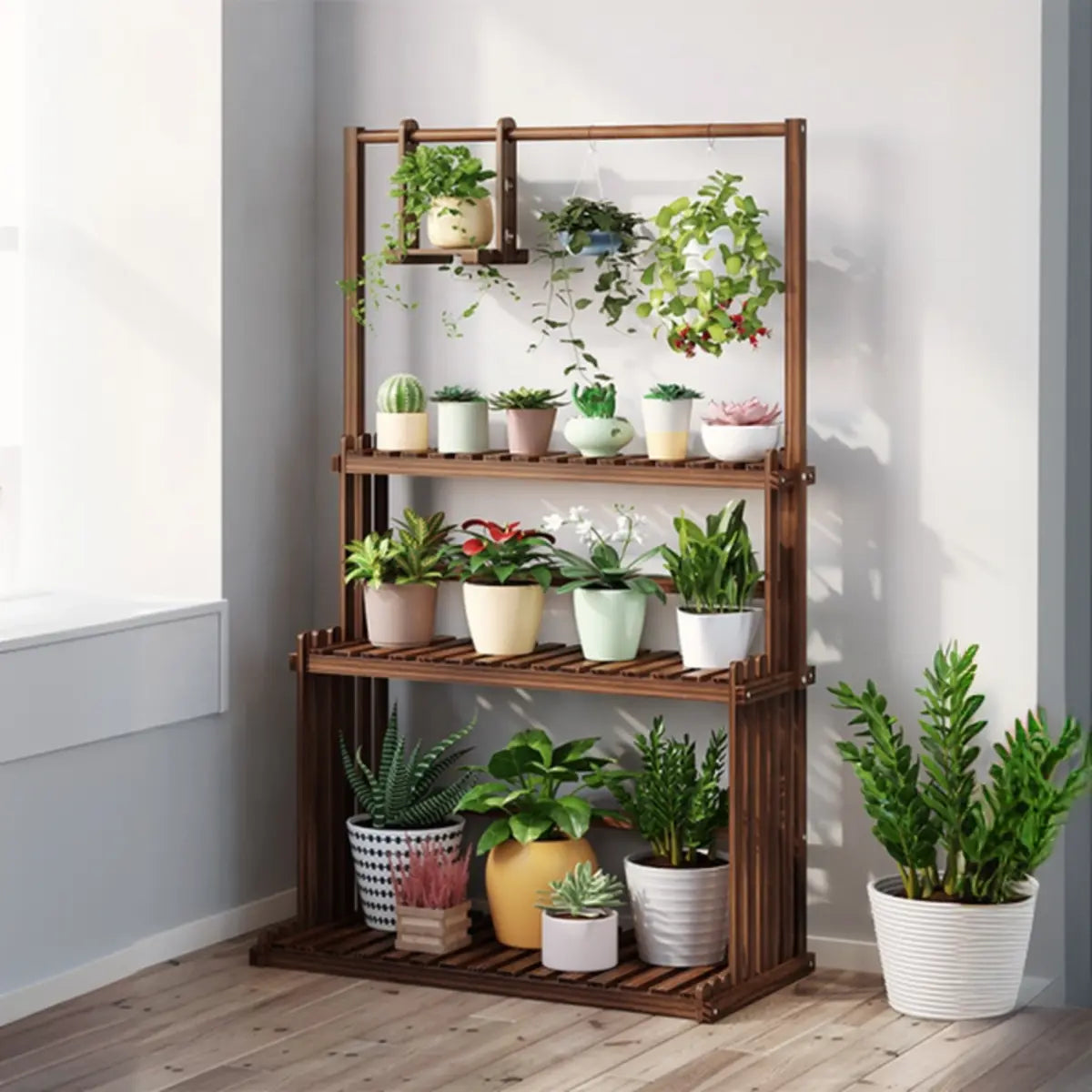 Nordic Rectangle Wood Rolling Floor Plant Stand Brown Image - 5