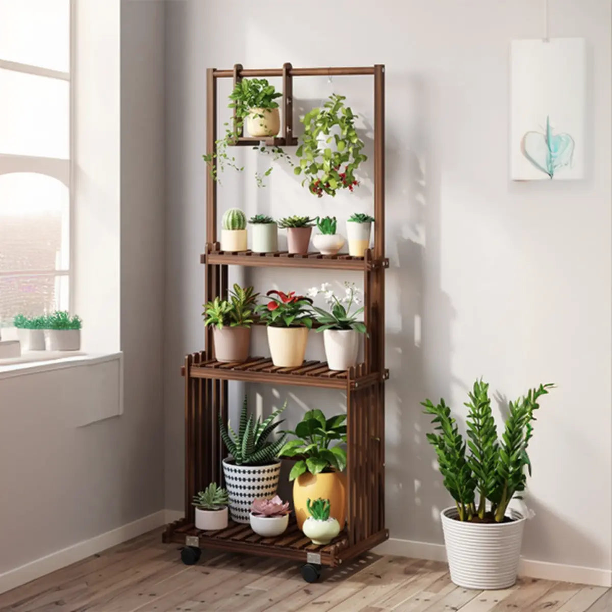 Nordic Rectangle Wood Rolling Floor Plant Stand Brown Image - 7