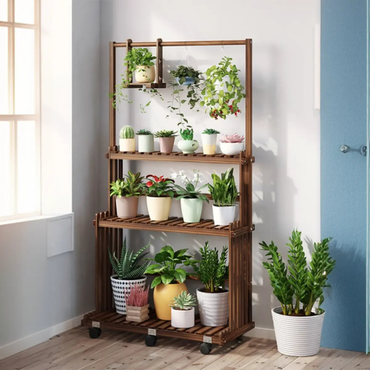 Nordic Rectangle Wood Rolling Floor Plant Stand Brown Image - 9