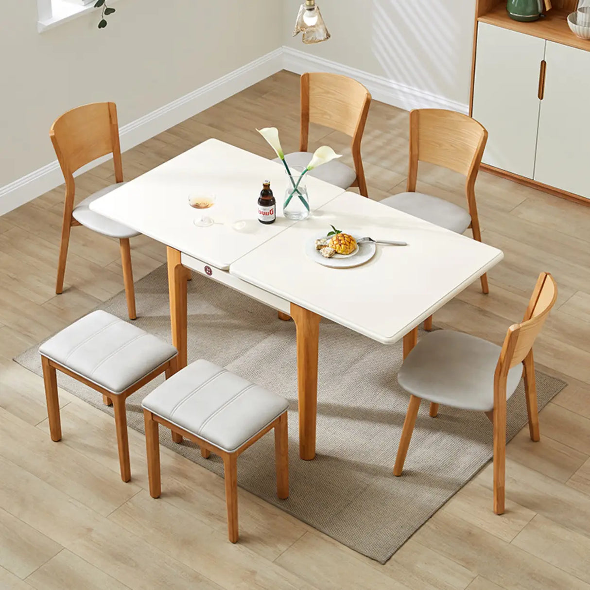 Nordic Rectangular Extendable Chalk Stone Dining Table Image - 12