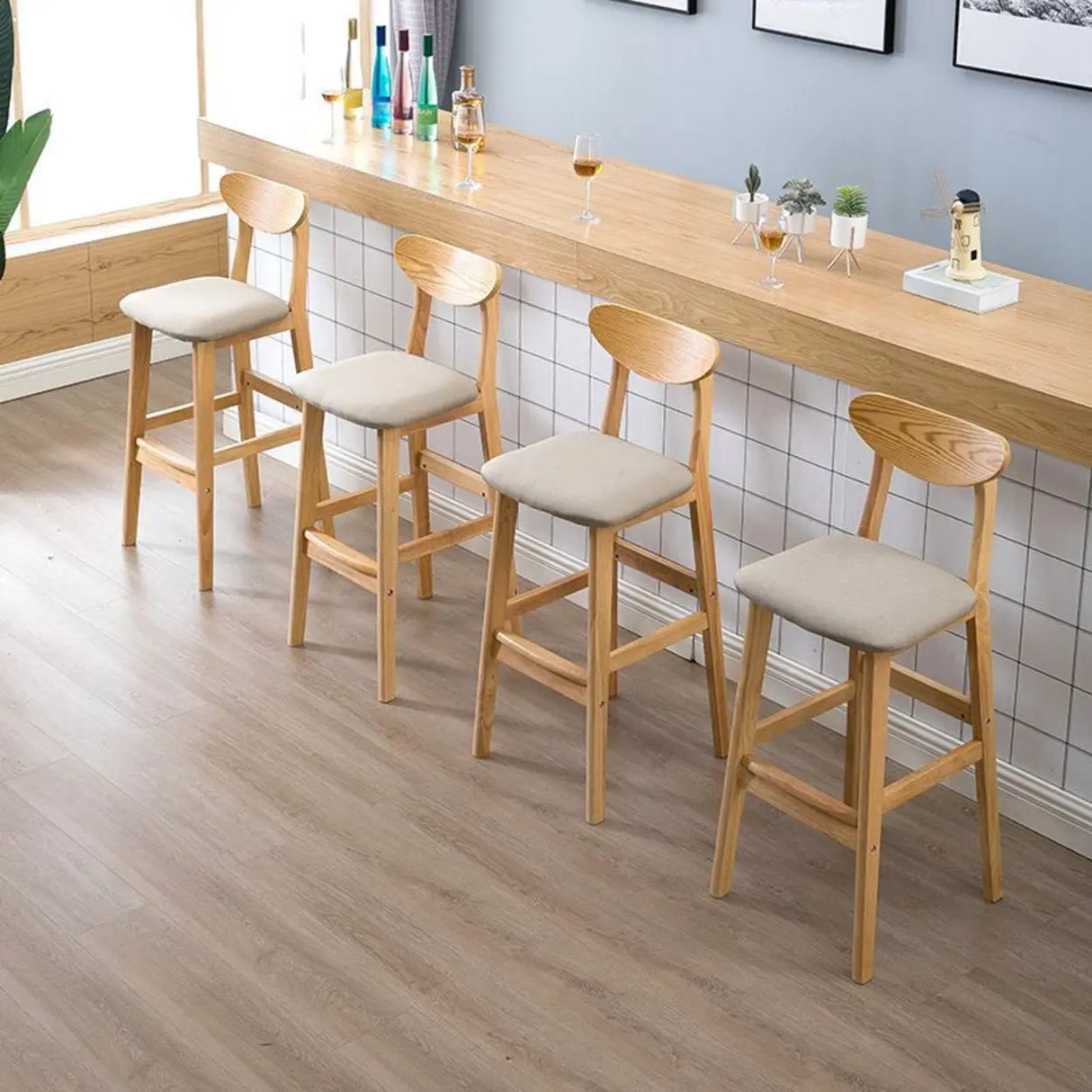 Nordic Simple Soft Seating Natural Wood Bar Stools With Back Image - 6