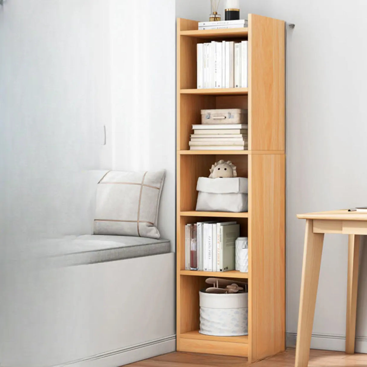 Nordic Simple Wood Closed Rectangular Narrow Bookcase Image - 3