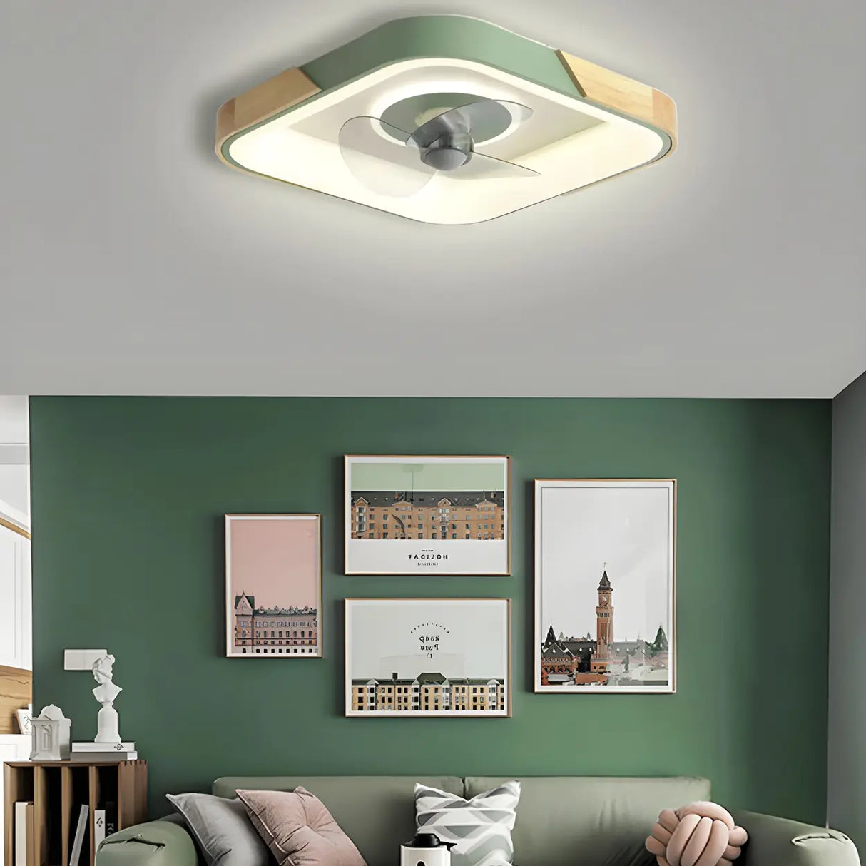 Nordic Square Metal LED Green Ceiling Fan with Light Image - 1