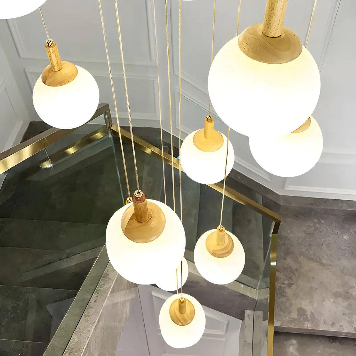 Nordic Stairwell Cluster White Glass Globe Pendant Light Image - 18