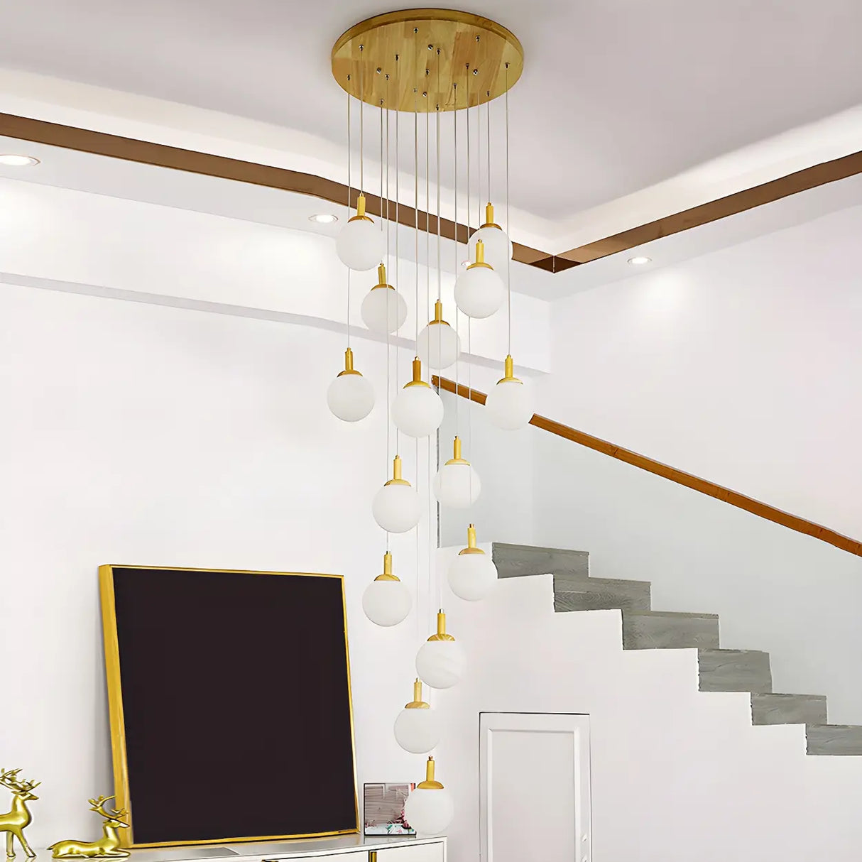 Nordic Stairwell Cluster White Glass Globe Pendant Light Image - 1