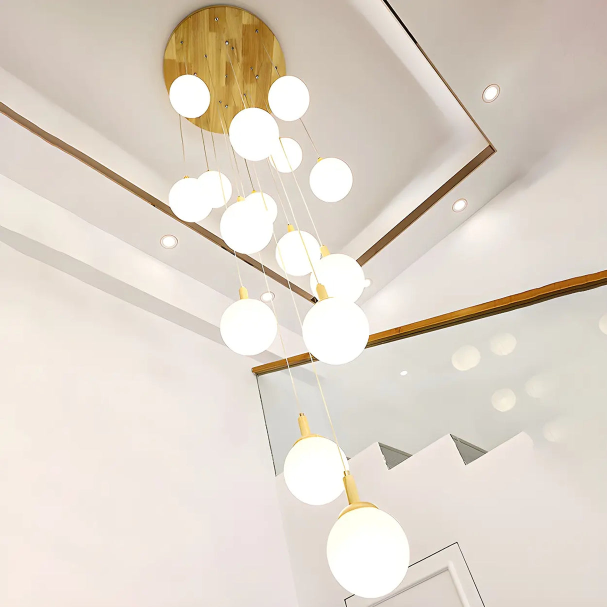 Nordic Stairwell Cluster White Glass Globe Pendant Light Image - 21