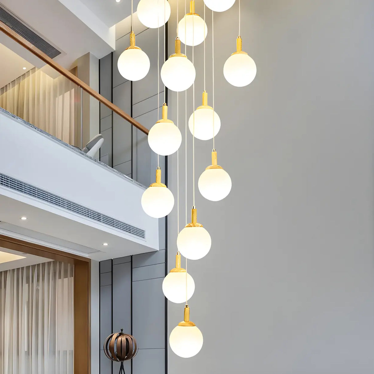 Nordic Stairwell Cluster White Glass Globe Pendant Light Image - 2