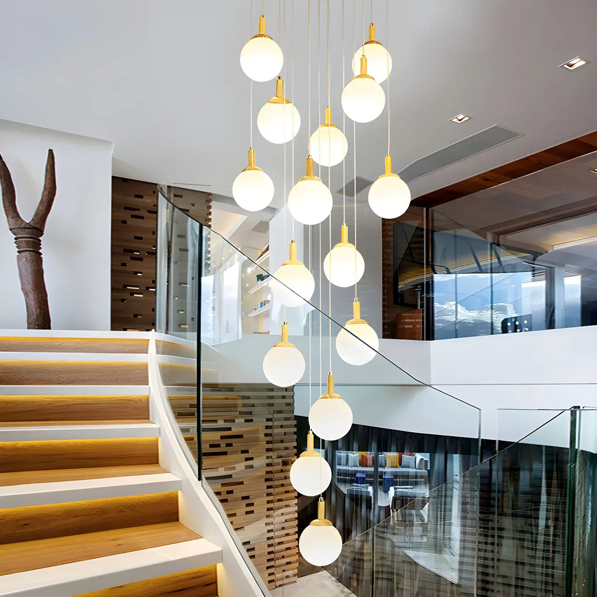Nordic Stairwell Cluster White Glass Globe Pendant Light Image - 3