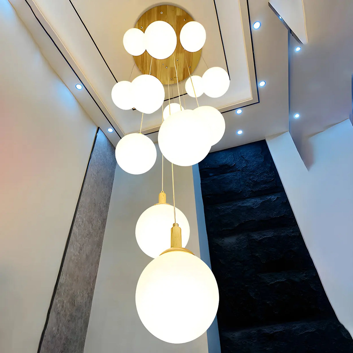 Nordic Stairwell Cluster White Glass Globe Pendant Light Image - 6
