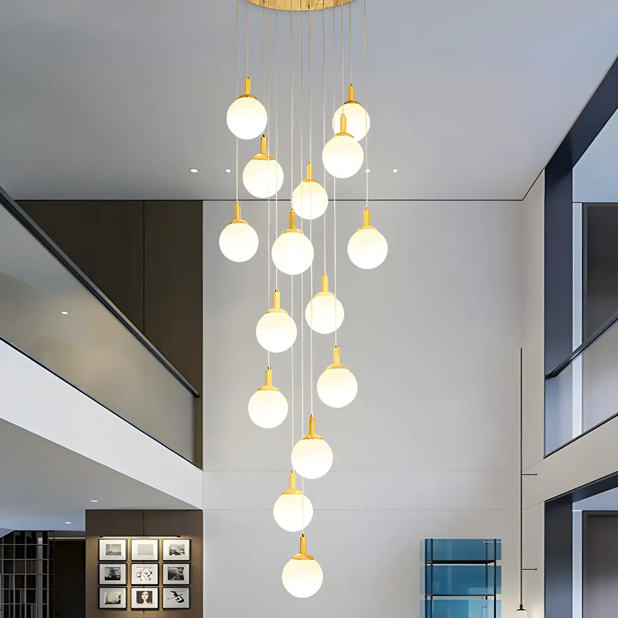 Nordic Stairwell Cluster White Glass Globe Pendant Light Image - 9