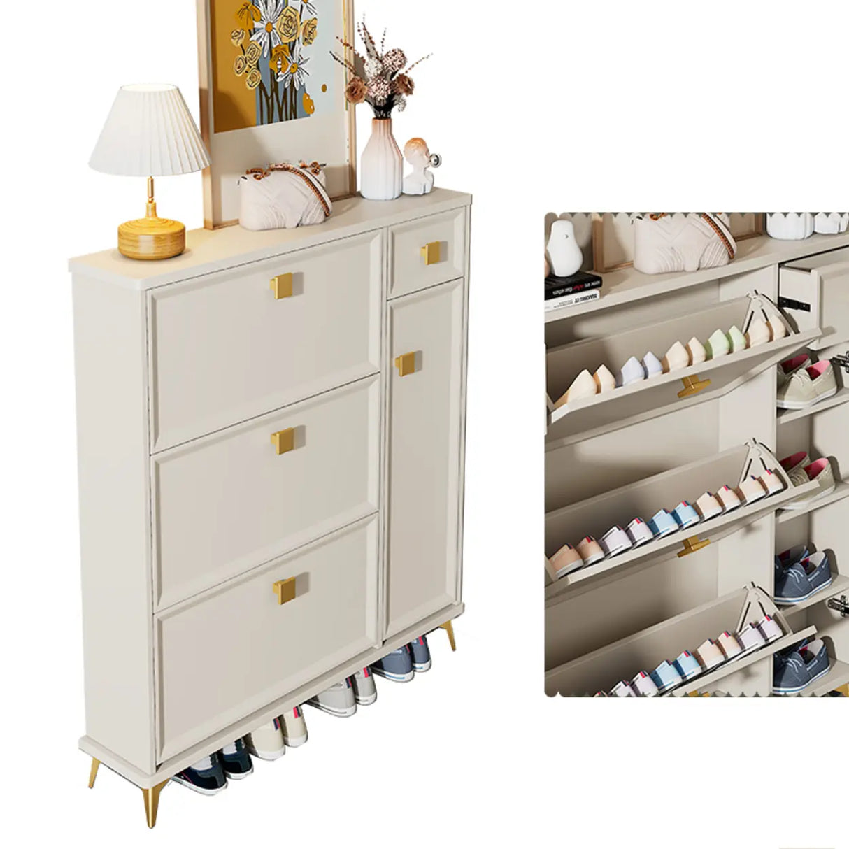 Nordic Tall Wood Hallway White Shoe Cabinet Storage Image - 11