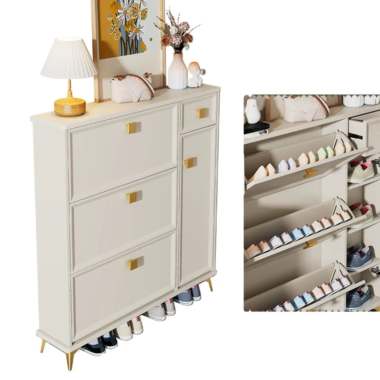 Nordic Tall Wood Hallway White Shoe Cabinet Storage Image - 13