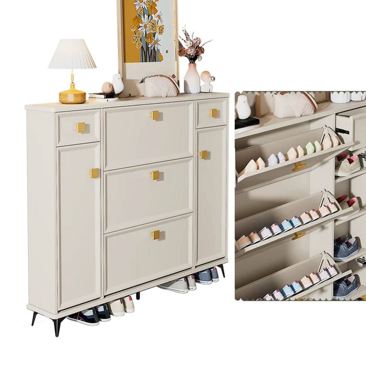 Nordic Tall Wood Hallway White Shoe Cabinet Storage Image - 15