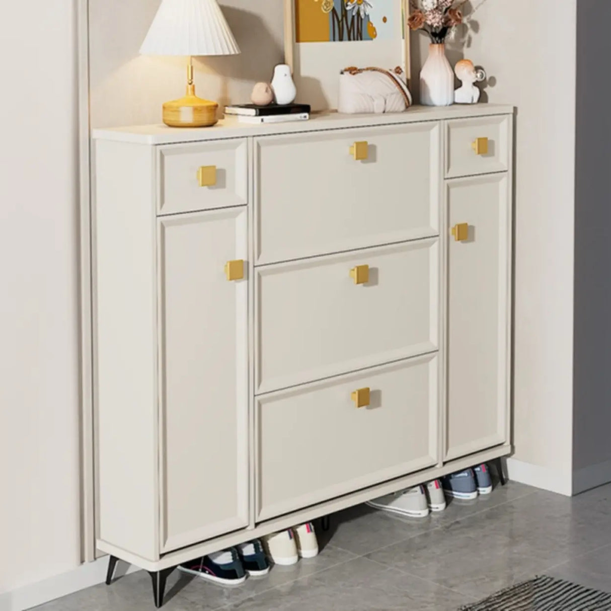 Nordic Tall Wood Hallway White Shoe Cabinet Storage Image - 1