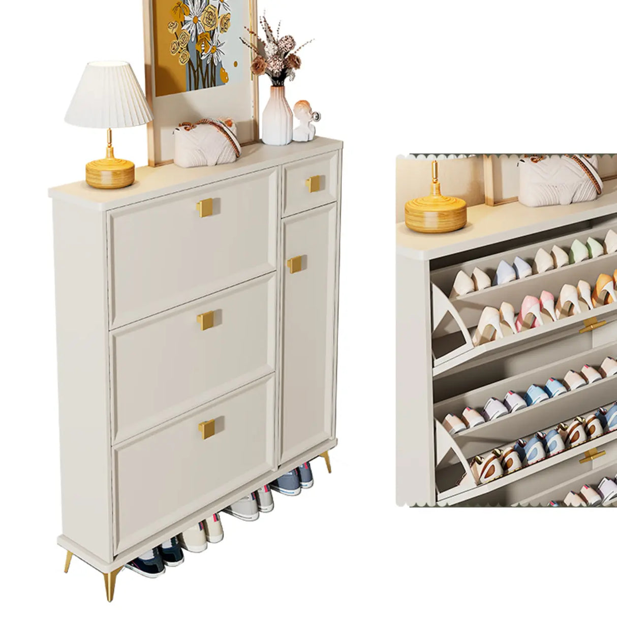 Nordic Tall Wood Hallway White Shoe Cabinet Storage Image - 21
